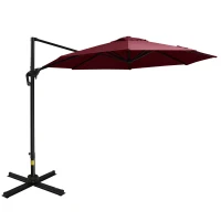 Outsunny 10ft Offset Patio Umbrella with Base, Hanging Aluminum and Steel Cantilever Umbrella with 360° Rotation, Easy Tilt, 8 Ribs, Crank, Cross Base for Poolside, Garden, Red(m-11)