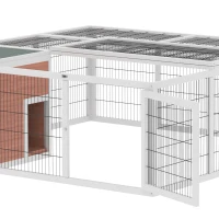 PawHut 64" Outdoor Rabbit Hutch Playpen, Wooden Tortoise House Habitat, Bunny Cage with Run and Enclosed Cover, for Rabbits, Chickens, Ducks, Indoor, Brown(m-8)
