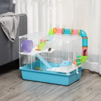 PawHut 3-Tier Large Hamster Cage with Tubes and Tunnels, Portable Carry Handles, Toy-Filled Steel Small Animal House, Includes Exercise Wheel, Water Bottle, Food Dish, 23" x 14" x 18.5", Light Blue(m-2)