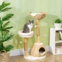 PawHut 41" Cat Tree for Indoor Cats with Wooden Cat Scratching Posts, Cat Condo, Cat Beds & Toy Balls, Cream White(m-2)