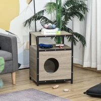 PawHut Wooden Cat House Kitten Condo Shelter Bed w/Soft Cushion Cat Litter Box Enclosure End Table Hideaway Cabinet Storage, Grey(m-10)
