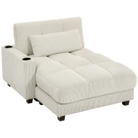 HOMCOM 58" Chaise Lounge Indoor, Oversized Corduroy Sofa Bed with 2 Cup Holders, Pillow, Deep Seat Sleeper Couch, Cream White(m-9)