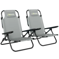 Outsunny Set of 2 Beach Chair 5-Position Adjustable Folding Camping Chair with Headrest Armrests Light Grey(m-9)