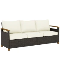 Outsunny 3 Seater Outdoor Couch Sofa, PE Wicker Patio Furniture Couch, Wide Seat, 4" Cushions, Wood-Effect Armrests, Cream White(m-9)