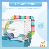 PawHut 3-Tier Large Hamster Cage with Tubes and Tunnels, Portable Carry Handles, Toy-Filled Steel Small Animal House, Includes Exercise Wheel, Water Bottle, Food Dish, 23" x 14" x 18.5", Light Blue(m-7)