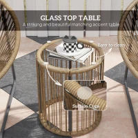 Outsunny Outdoor Bistro Set, 3 Piece Wicker Patio Furniture Set with 2 Chairs and Glass-Top Table, Natural Wood(m-7)