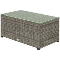 Outsunny Wicker Outdoor Coffee Table, PE Wicker Rectangular Patio Table with Tempered Glass Top for Garden, Balcony, Dark Grey(m-2)