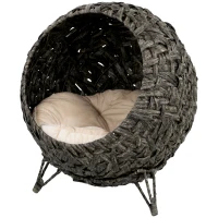 PawHut Rattan Cat Bed, Elevated Handwoven Cat Basket Bed with Soft Cushion and Metal Base(m-1)
