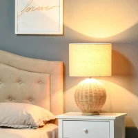 HOMCOM Nautical Style Table Lamp, Bedside Reading Light with White Fabric Lampshade and Rattan Base for E26 LED or Halogen Bulb for Living Room, Natural(m-14)