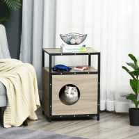 PawHut Wooden Cat House Kitten Condo Shelter Bed w/Soft Cushion Cat Litter Box Enclosure End Table Hideaway Cabinet Storage, Grey(m-2)