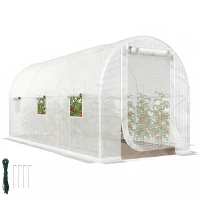 Outsunny Hoop House Greenhouse, Walk-in Tunnel Greenhouse with 2 Support Rods, Zippered Roll-up Mesh Door, 14.6'x6.5'x6.6', White(m-11)