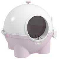 PawHut Hooded Cat Litter Box, Large Kitty Litter Pan with Lid, Scoop, Leaking Sand Pedal, Top Handle, Light Pink(m-1)