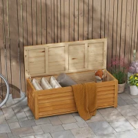 Outsunny 176L Outdoor Storage Box, Wooden Deck Storage Container with 2 Safety Hinges for Balcony, Porch, Poolside, Light Brown(m-8)