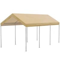 Outsunny 10' x 20' Party Tent and Carport, Height Adjustable Portable Garage, Outdoor Canopy Tent 8 Legs without Sidewalls for Car, Truck, Boat, Motorcycle, Bike, Garden Tools, Beige(m-11)