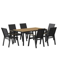 Outsunny 7 Piece Outdoor Dining Set, Rectangle Patio Table and 6 Mesh Chairs with Slatted Tabletop for Backyard, Deck, Garden(m-12)