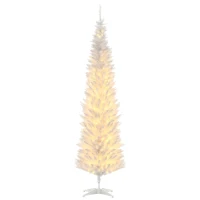 HOMCOM 7' Pre Lit Artificial Pencil Christmas Trees, Xmas Tree with Realistic Branches and Warm White LED Lights, White(m-9)