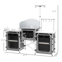Outsunny Aluminum Camping Kitchen, Portable Folding Camping Table with Fabric Cupboards, Windshield, Bag for BBQ, Picnic, Gray(m-3)