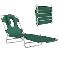 Outsunny Folding Lounge Chair Outdoor, Tanning Chair with Face Hole Arm Slots, Beach Chaise Lounger with Pillow, 5-Position Adjustable Portable Sun Lounger Bed for Pool, Green(m-2)