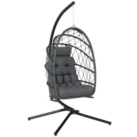 Outsunny Hanging Egg Chair with Stand, Foldable Wicker Rattan Swing Chair with Thick Cushion and Safety Rope, Grey(m-9)