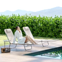 Outsunny 2 Piece Sun Loungers, Folding Chaise Lounge Chairs with Reclining Back, Breathable Mesh Seat, Headrest, Cream White(m-2)