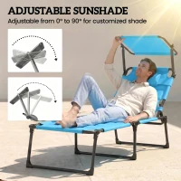Outsunny 2 Pcs Outdoor Lounge Chair, 4 Position Adjustable Backrest, Folding, Cushioned w/ Sun Shade Roof & Pillow, Blue(m-6)