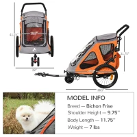Aosom Dog Bike Trailer 2-In-1 Pet Stroller Cart Bicycle Wagon Cargo Carrier Attachment for Travel with 360 Swivel Wheel Reflectors Parking Brake Straps Cup Holder Orange(m-3)
