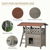 PawHut Wooden Cat House, 2-Floor Feral Cat Shelter, Kitten Condo Outdoor, Small Dog House with Balcony, Stairs, Asphalt Roof, Light Gray(m-15)