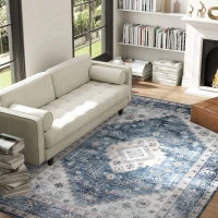 HOMCOM 6x9 Area Rug, Vintage Machine Washable Rug, Non-Slip Floor Carpet for Living Room, Bedroom, Dining Room, Blue(m-1)
