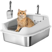 PawHut Cat Litter Box Stainless Steel with Metal Litter Scoop, Never Absorbs Odors, Anti Leakage, 24" x 16" x 12", Grey(m-9)