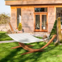 Outsunny Outdoor Hammock with Stand, Extra Large Heavy Duty Wooden Frame, No Tree Needed, 12.8' Indoor Outside Boho Style Nap Bed, Natural Cotton, White(m-2)