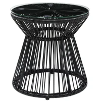 Outsunny Round End Table, Rattan Side Table, Hollow Drum Design Coffee Table w/ Glass Tabletop for Patio, Garden, Balcony, Black(m-2)