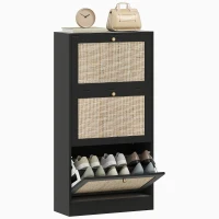 HOMCOM Rattan Shoe Storage Cabinet with 3 Flip Drawers and Adjustable Shelves, Entryway Shoe Cabinet for 18 Pairs, Black(m-9)