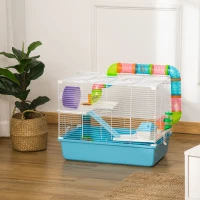 PawHut 3-Tier Large Hamster Cage with Tubes and Tunnels, Portable Carry Handles, Toy-Filled Steel Small Animal House, Includes Exercise Wheel, Water Bottle, Food Dish, 23" x 14" x 18.5", Light Blue(m-10)