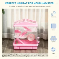 PawHut 3-Tier Hamster Cage Rodent Gerbil Habitat Rat House with Steel Wire, Exercise Wheel, Food Dish, Water Bottle, Pink(m-5)