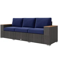 Outsunny 3-Seater Outdoor Sofa Couch, PE Wicker Patio Sofa with Cushions, Wood Grain Armrests, Dark Blue(m-2)