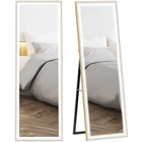 HOMCOM LED Mirror with Dimmable and 3 Colour Lights, 64" x 21" Rectangular Floor Mirror for Bedroom Living Room, Gold(m-9)