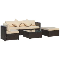 Outsunny 6 Piece Patio Furniture Set Outdoor Wicker Conversation Set All Weather PE Rattan Sectional Sofa Set with Ottoman, Cushions and Tempered Glass Table, Coffee and Beige(m-1)