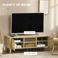 HOMCOM Boho TV Stand for 60 Inch Television, Entertainment Center with Rattan Door, Adjustable Shelf, and Storage Cabinets, Wood TV Console Cabinet for Living Room, Bedroom, Natural Wood(m-4)