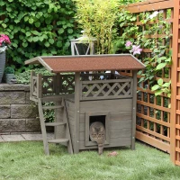 PawHut Wooden Cat House, 2-Floor Feral Cat Shelter, Kitten Condo Outdoor, Small Dog House with Balcony, Stairs, Asphalt Roof, Light Gray(m-20)