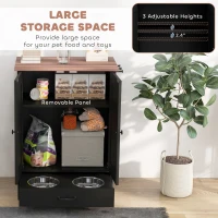 PawHut Pet Feeding Station, Dog Food Storage Cabinet w/ Raised Dog Bowls, Adjustable Panel, Hooks for Medium Dogs, Black(m-5)