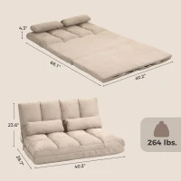 HOMCOM Convertible Floor Sofa Chair, Folding Couch Bed, Guest Chaise Lounge with 2 Pillows, Adjustable Backrest and Headrest, 40.25" L, Beige(m-3)