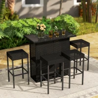 Outsunny 5 Pieces Patio Bar Set, Outdoor PE Rattan Wicker High Top Outdoor Table and Chairs Outdoor Bar Set with Tempered Glass Top Bar Table and Shelves, 4 Bar Chairs, Black(m-1)