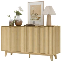 HOMCOM Fluted Sideboard Buffet Cabinet, 55" Coffee Bar Cabinet with 4 Doors, 2 Adjustable Shelves, 5 Wood Legs, Nature Wood(m-2)