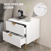 HOMCOM Bedside Table, Modern Nightstand with 2 Drawers, Side End Table with Metal Legs for Living Room, Bedroom, White(m-6)