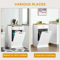 HOMCOM 10 Gallon Tilt Out Trash Cabinet, Wooden Hidden Trash Can with Storage Drawer for Kitchen, Laundry Hamper Cabinet for Bathroom, White(m-6)