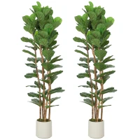 HOMCOM 6FT Artificial Fiddle Leaf Fig Tree Set of 2, Fake Potted Tree with Solid Wood Trunks for Indoor Decor, Green(m-9)