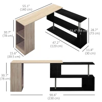 HOMCOM 55" Corner Computer Desk, 360° Rotating L-Shaped Desk, Home Office Workstation with 3-Tier Shelves, Bookshelf(m-3)