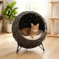 PawHut Rattan Cat Bed, Elevated Handwoven Cat Basket Bed with Soft Cushion and Metal Base(m-8)