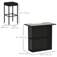 Outsunny 5 Pieces Patio Bar Set, Outdoor PE Rattan Wicker High Top Outdoor Table and Chairs Outdoor Bar Set with Tempered Glass Top Bar Table and Shelves, 4 Bar Chairs, Black(m-3)