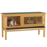 PawHut Wooden Rabbit Hutch Bunny Cage with Openable Waterproof Roof, No Leak Tray Solid Fir Wood Build for Rabbits, Chickens, Ducks, Indoor/Outdoor(m-13)